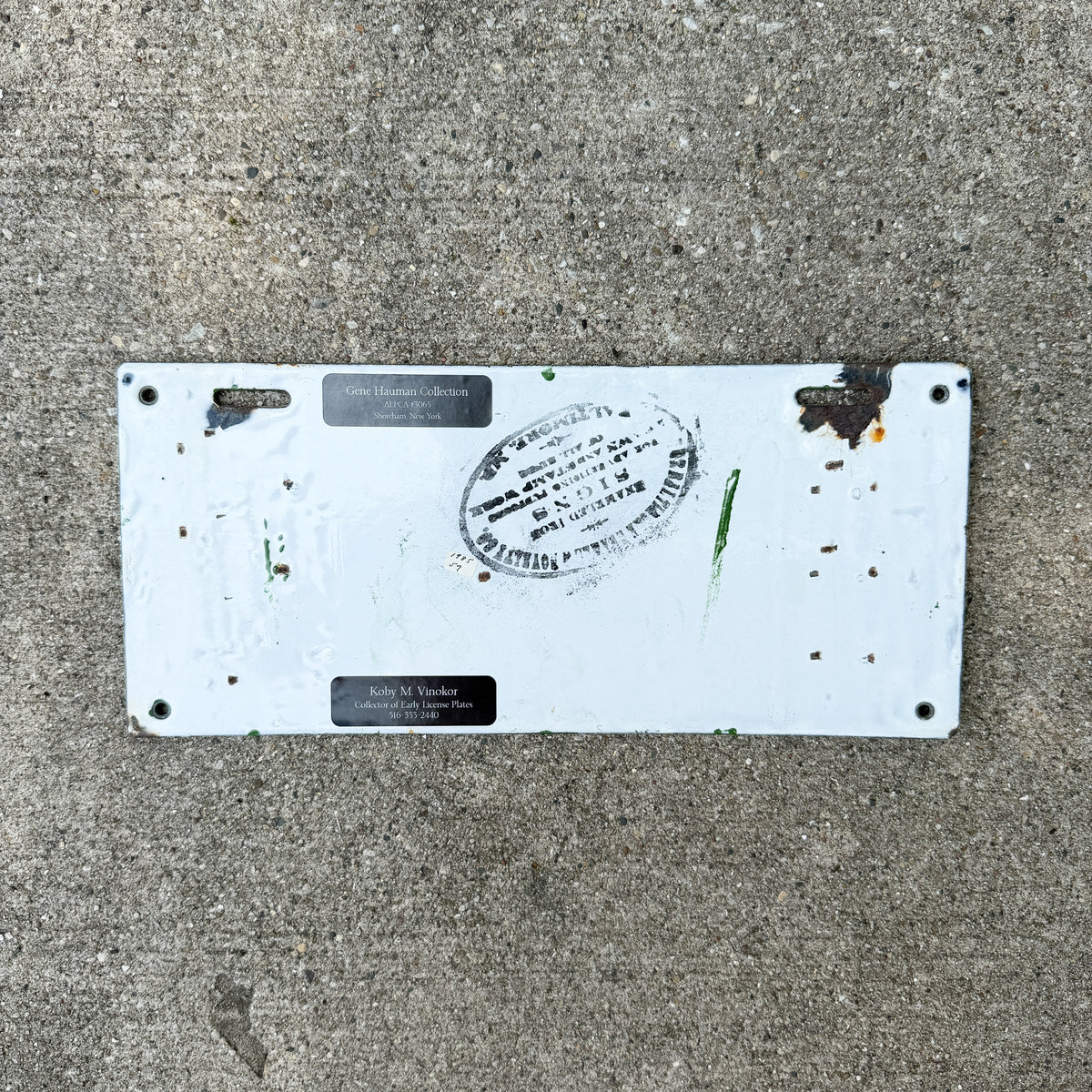 Photo of a 1913 New Hampshire Porcelain Commercial License Plate Auto Tag Garage Decor Vintage First Year of Type High Quality 0403 with original patina