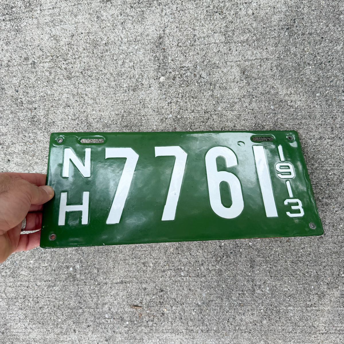 Photo of a 1913 New Hampshire Porcelain License Plate Auto Tag Garage Decor Vintage High Quality 7761 with original patina