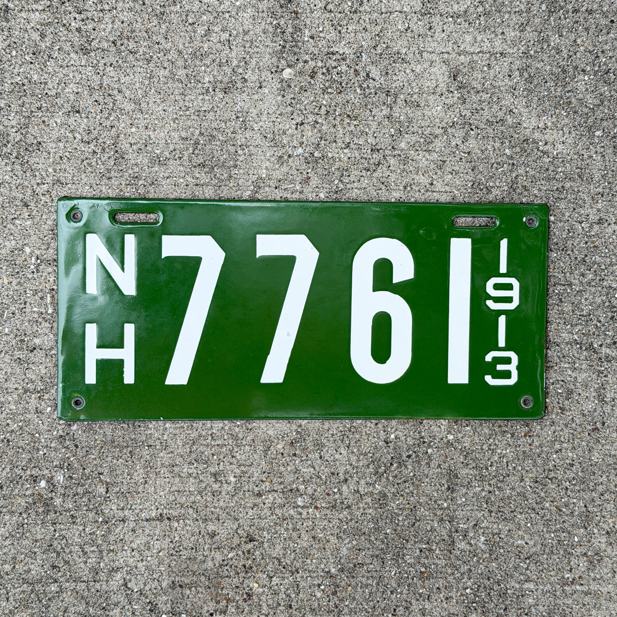 Photo of a 1913 New Hampshire Porcelain License Plate Auto Tag Garage Decor Vintage High Quality 7761 with original patina
