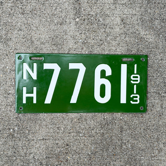 Photo of a 1913 New Hampshire Porcelain License Plate Auto Tag Garage Decor Vintage High Quality 7761 with original patina