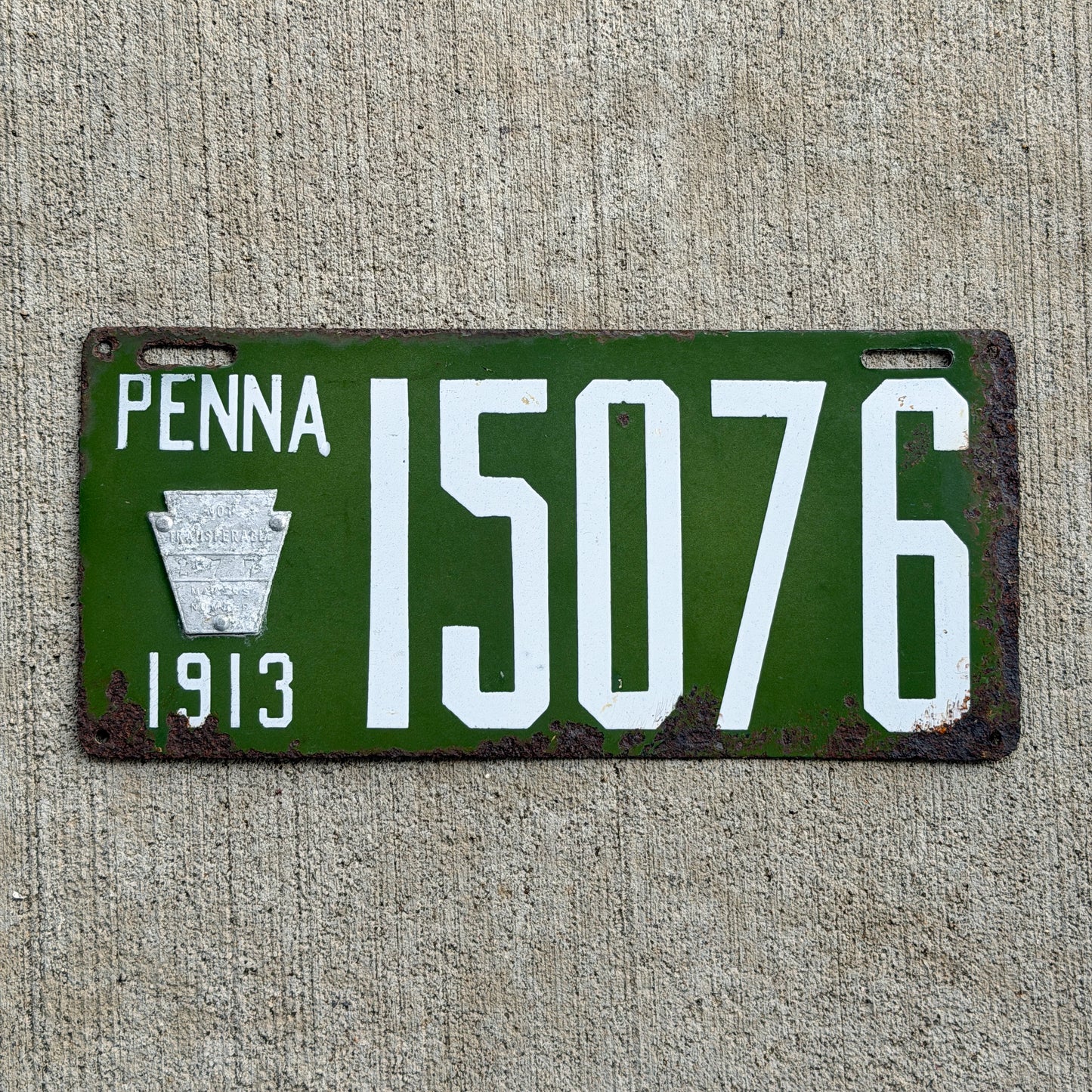Photo of a 1913 Pennsylvania Porcelain License Plate Auto Tag 1 Vintage 15076 with original patina
