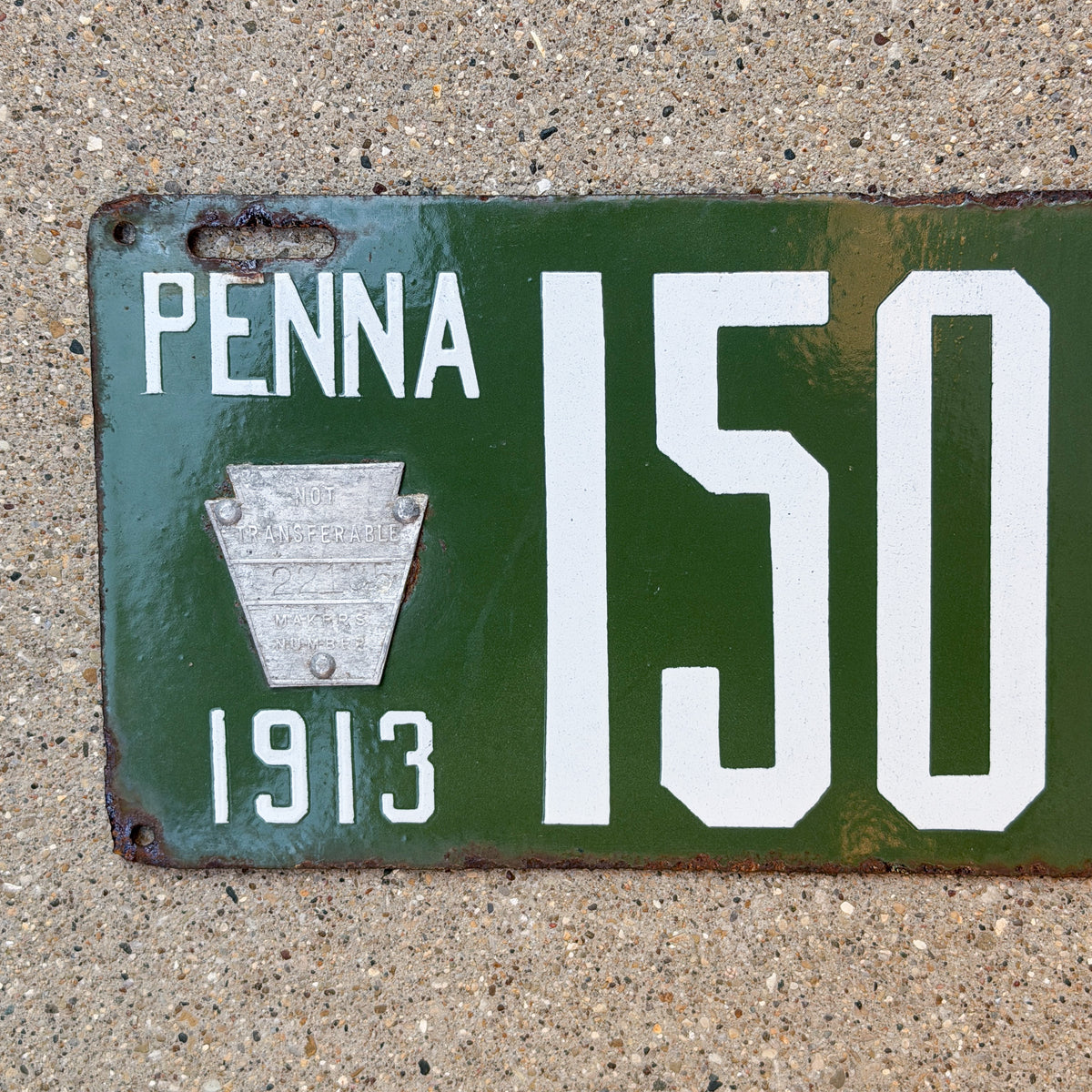 Photo of a 1913 Pennsylvania Porcelain License Plate Auto Tag Garage Decor Vintage 15096 with original patina