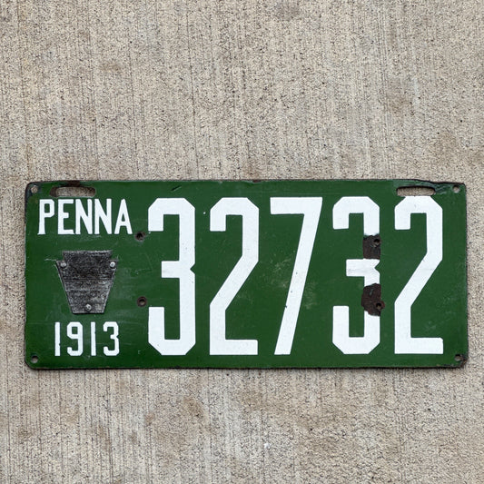 Photo of a 1913 Pennsylvania Porcelain License Plate Auto Tag Garage Decor Vintage 32732 with original patina