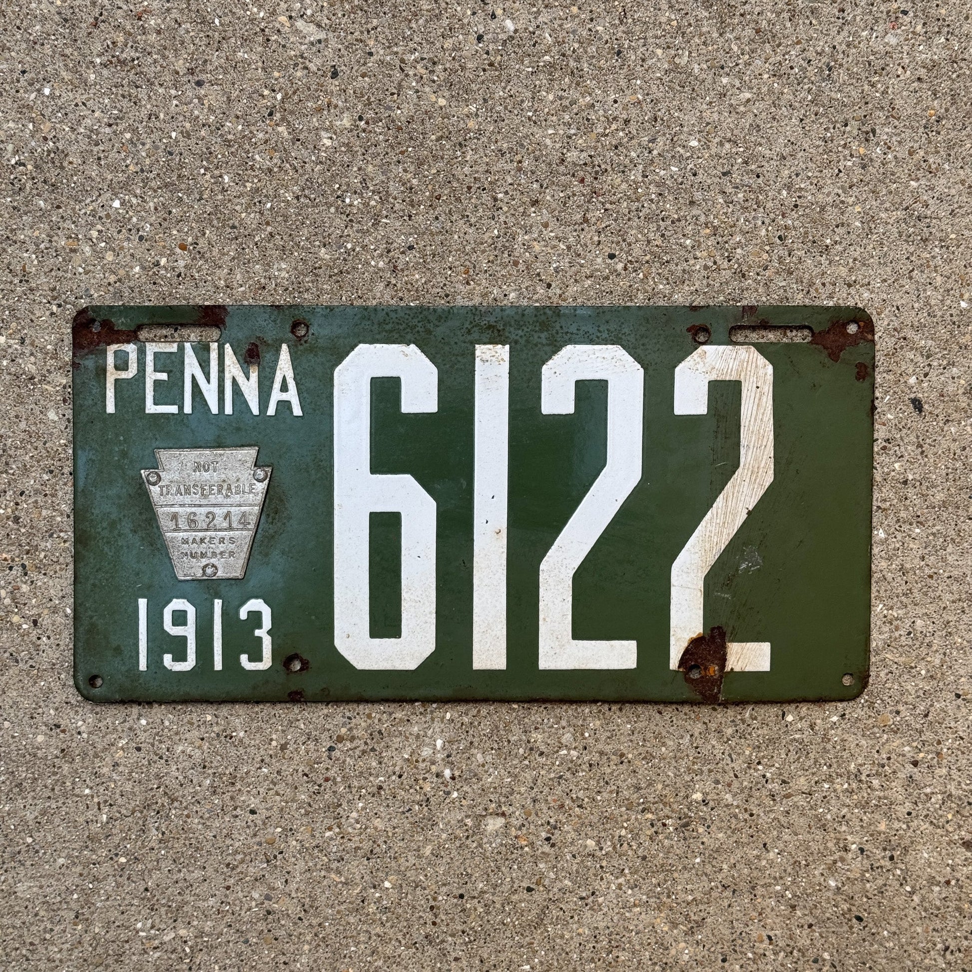Photo of a 1913 Pennsylvania Porcelain License Plate Auto Tag Garage Decor Vintage Four Digit 6122