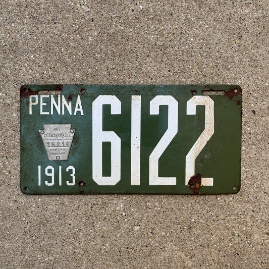 Photo of a 1913 Pennsylvania Porcelain License Plate Auto Tag Garage Decor Vintage Four Digit 6122