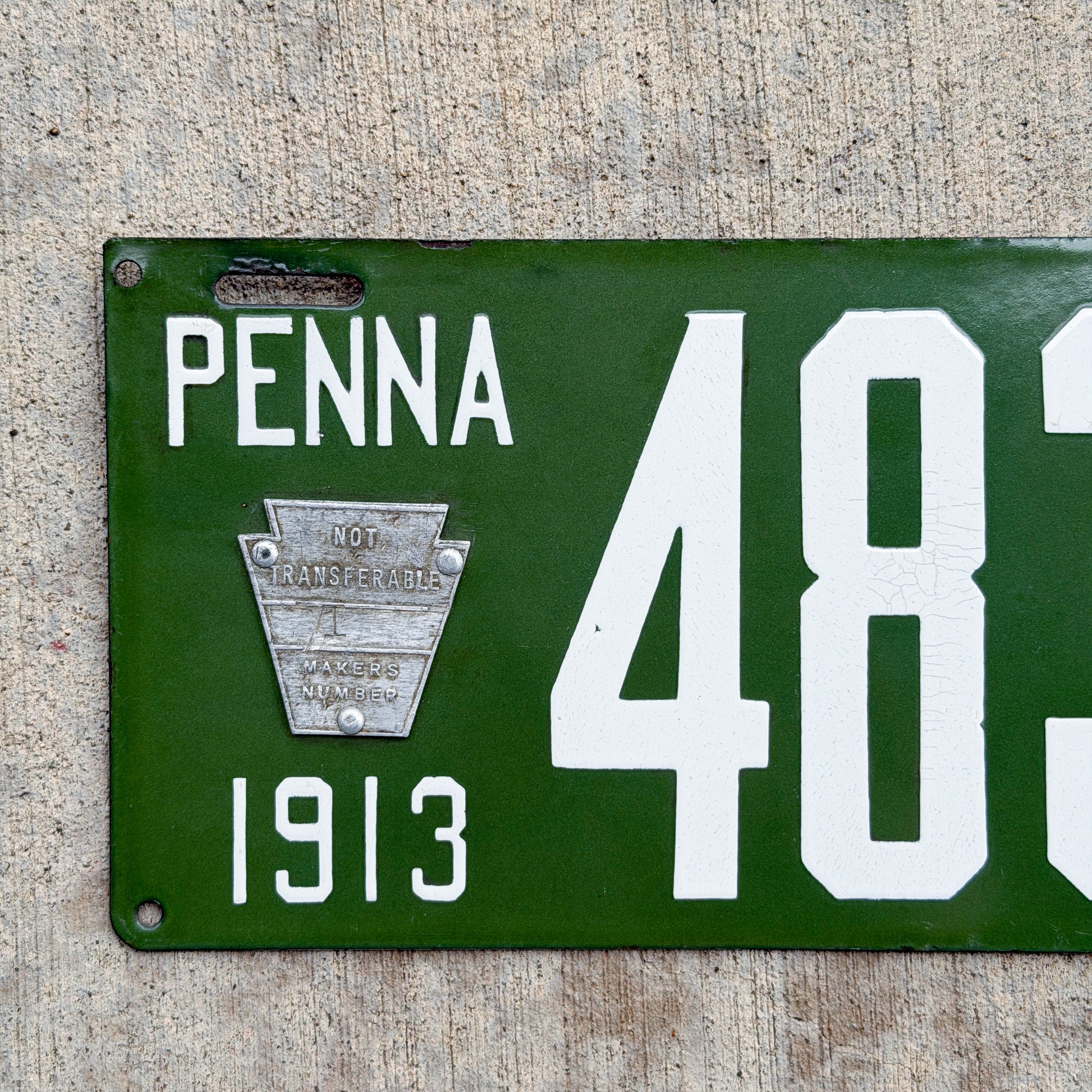 Photo of a 1913 Pennsylvania Porcelain License Plate Auto Tag Garage Decor Vintage High Quality Number 1 Tab 48327 with original patina