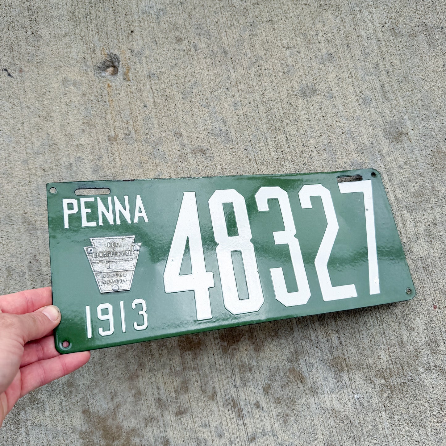Photo of a 1913 Pennsylvania Porcelain License Plate Auto Tag Garage Decor Vintage High Quality Number 1 Tab 48327 with original patina