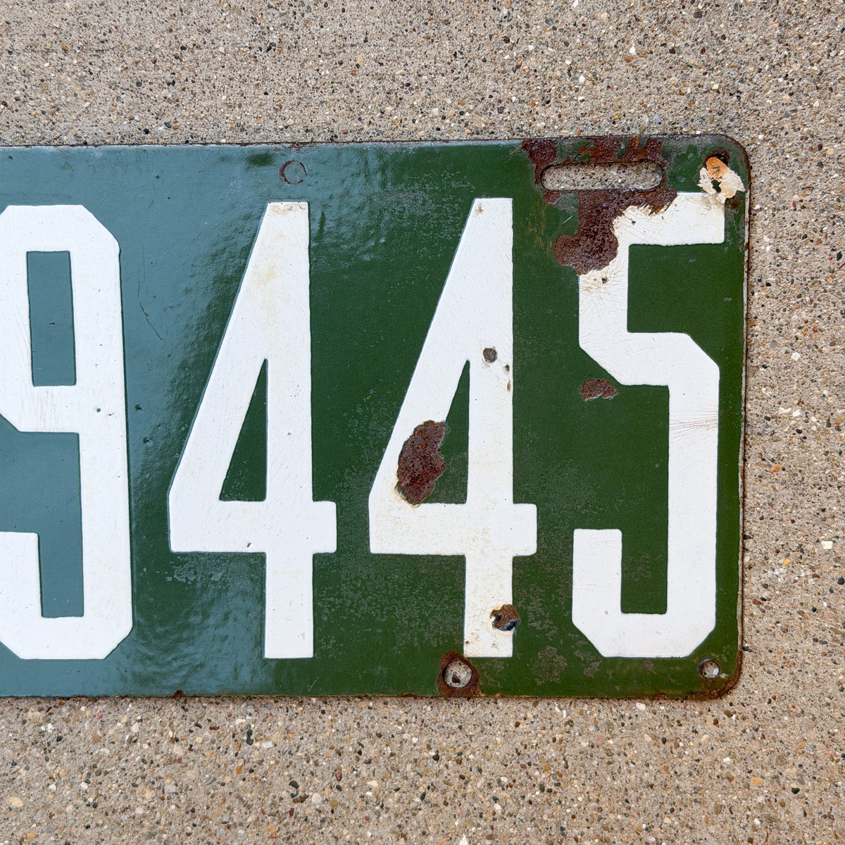 Photo of a 1913 Pennsylvania Porcelain License Plate Auto Tag Garage Decor Vintage Low Number Four Digit 9445 with original patina