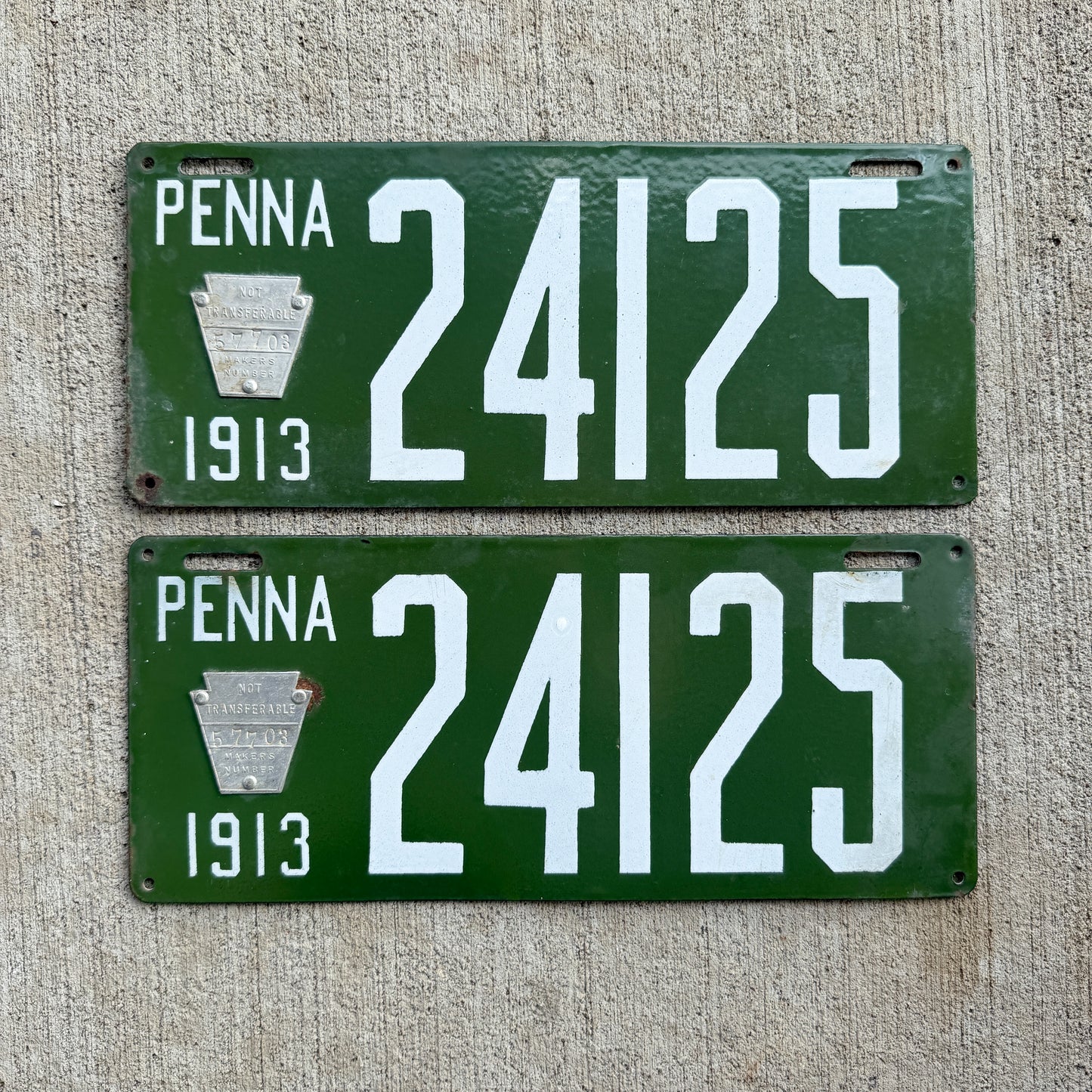 Photo of a 1913 Pennsylvania Porcelain License Plate Pair Auto Tag Garage Decor Vintage High Quality 24125 with original patina