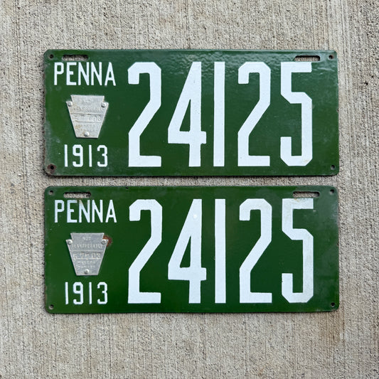 Photo of a 1913 Pennsylvania Porcelain License Plate Pair Auto Tag Garage Decor Vintage High Quality 24125 with original patina