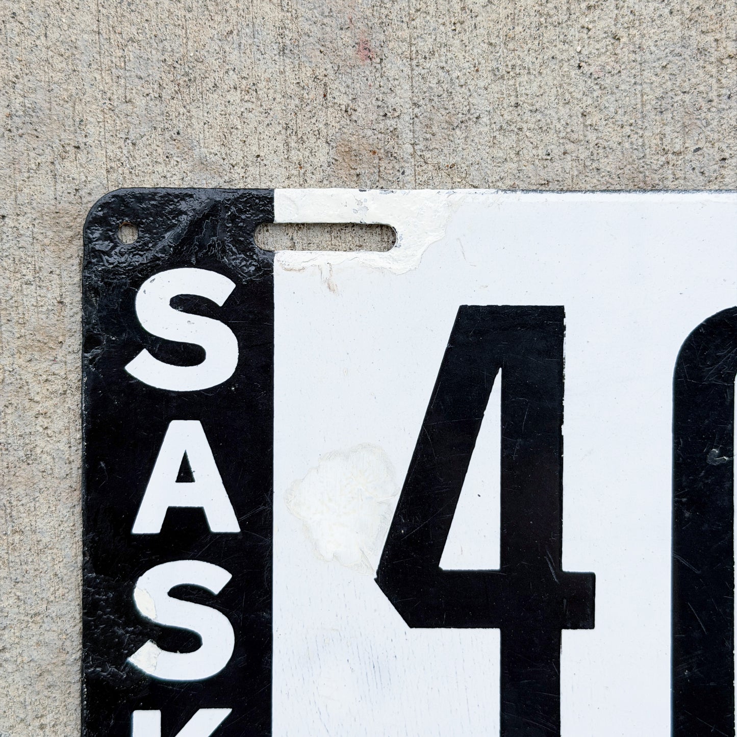 Photo of a 1913 Saskatchewan Porcelain License Plate Auto Tag Garage Decor Vintage 407 with original patina