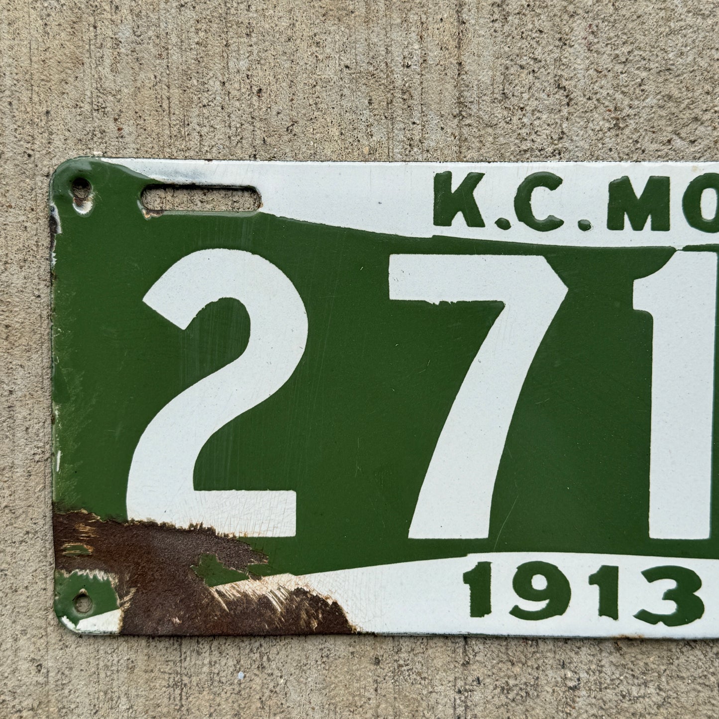 1913 Kansas City Missouri Porcelain License Plate Auto Tag 2713