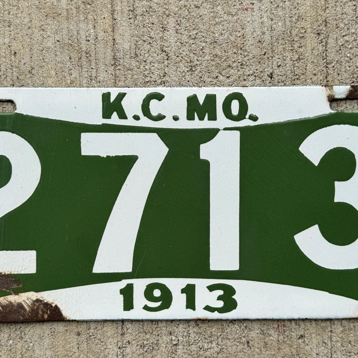 1913 Kansas City Missouri Porcelain License Plate Auto Tag 2713