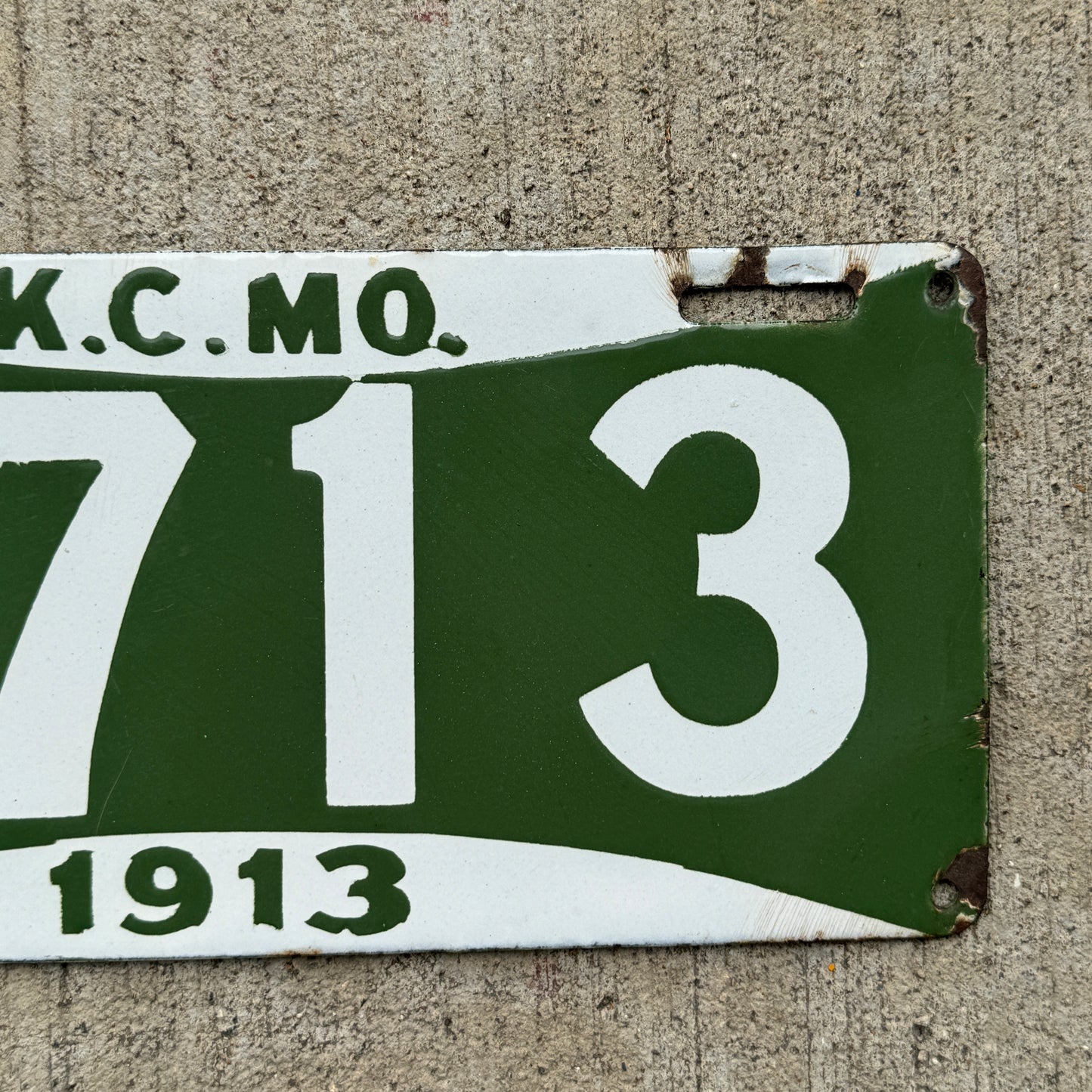1913 Kansas City Missouri Porcelain License Plate Auto Tag 2713
