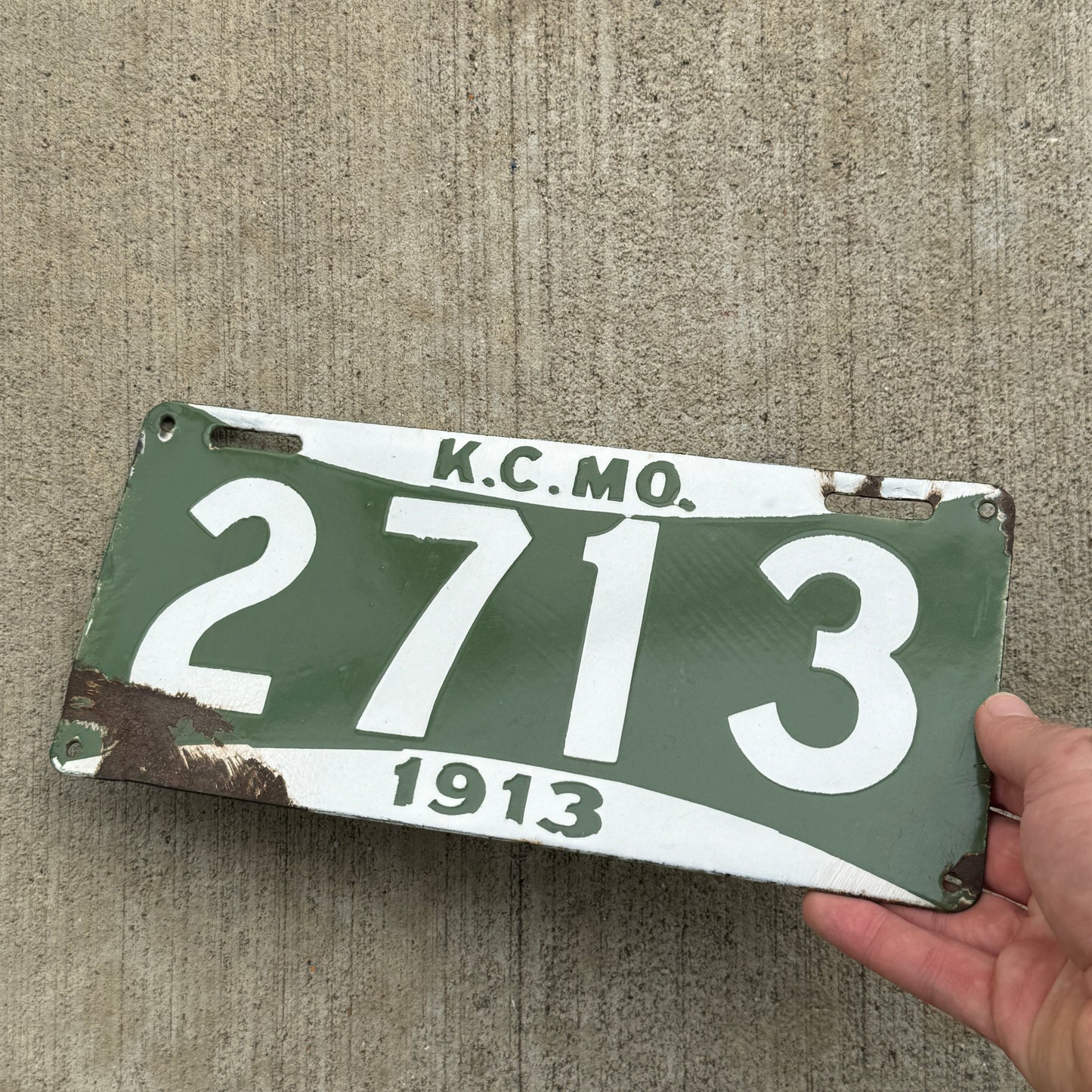 1913 Kansas City Missouri Porcelain License Plate Auto Tag 2713