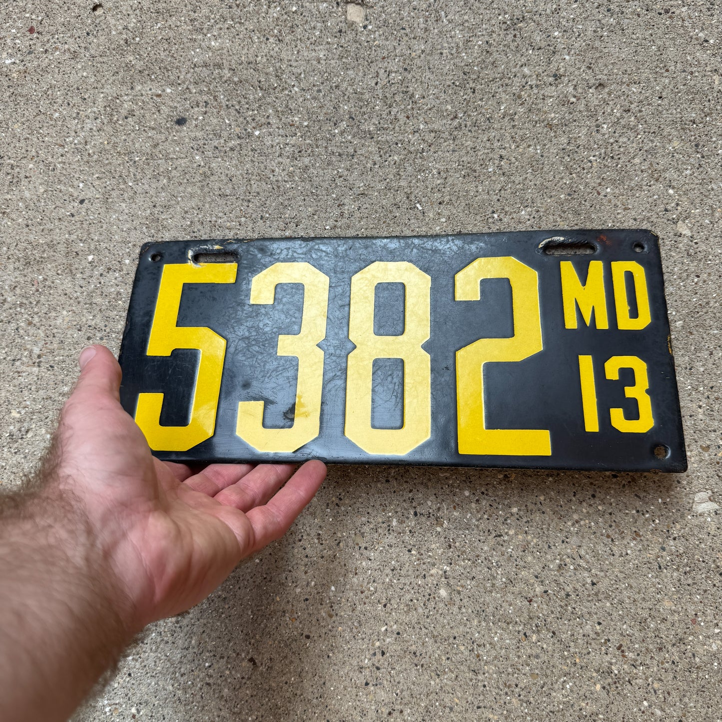 1913 Maryland Porcelain License Plate Auto Tag Low Number Four Digit 5382