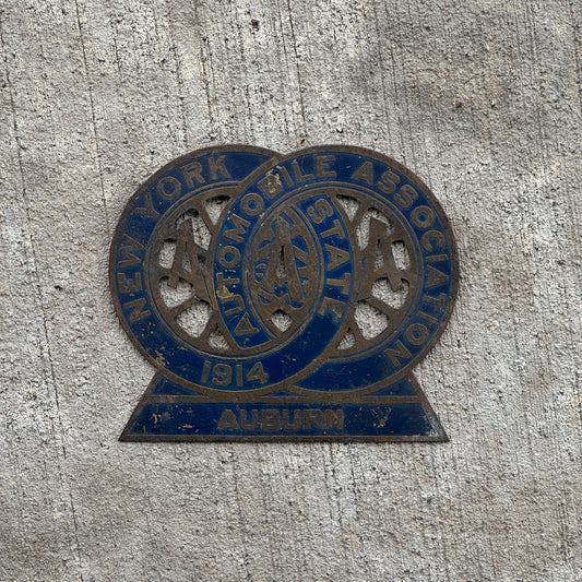Photo of a 1914 Auburn New York Badge Emblem License Plate Topper Auto Tag Garage Decor Vintage AAA Auto Club with original patina