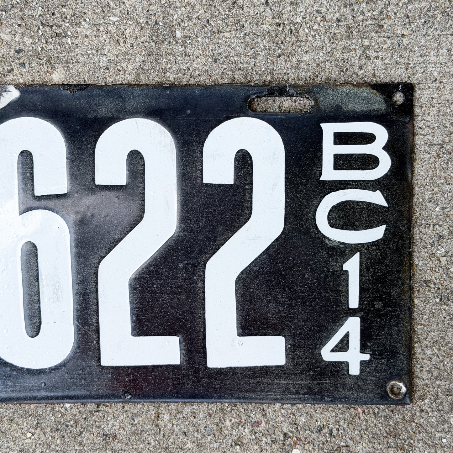 Photo of a 1914 British Columbia Porcelain Dealer License Plate Auto Tag Garage Decor Vintage High Quality D 622 with original patina