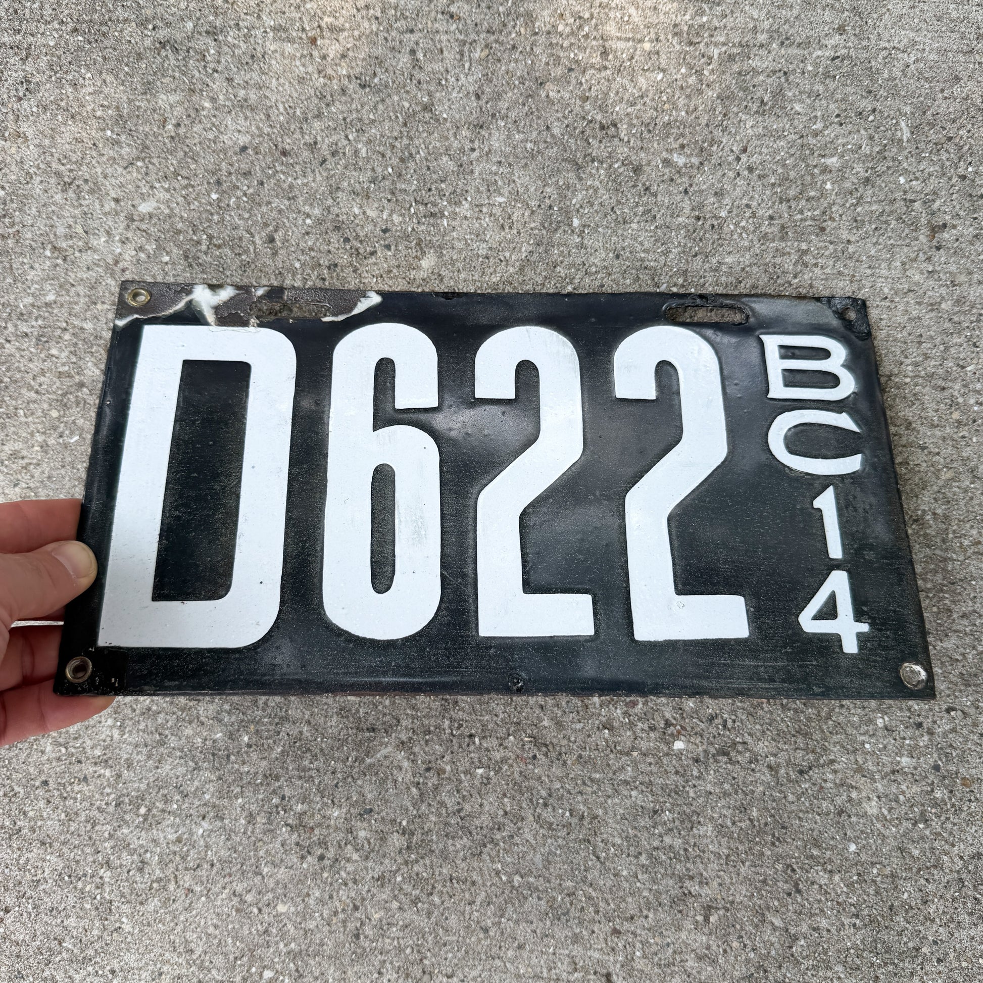 Photo of a 1914 British Columbia Porcelain Dealer License Plate Auto Tag Garage Decor Vintage High Quality D 622 with original patina