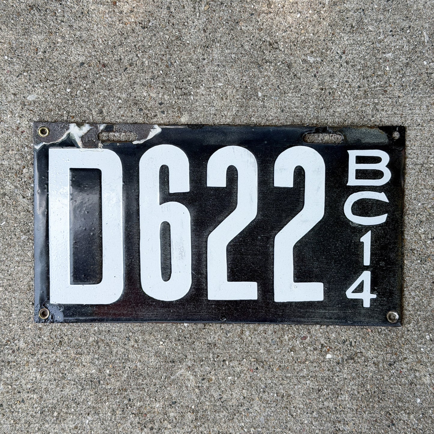 Photo of a 1914 British Columbia Porcelain Dealer License Plate Auto Tag Garage Decor Vintage High Quality D 622 with original patina