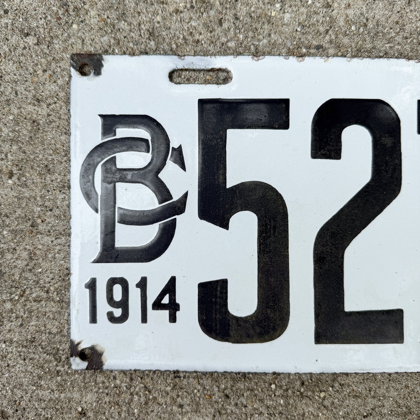 Photo of a 1914 British Columbia Porcelain License Plate Auto Tag Garage Decor Vintage High Quality 5272 with original patina