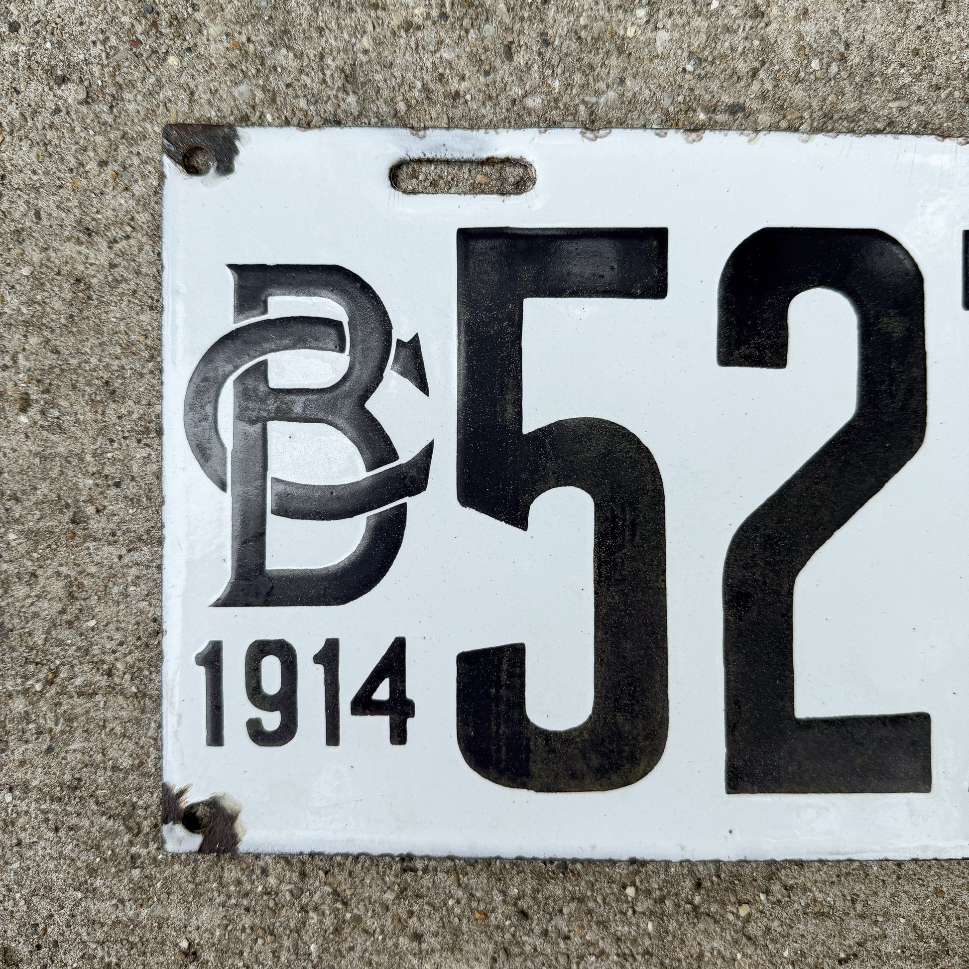 Photo of a 1914 British Columbia Porcelain License Plate Auto Tag Garage Decor Vintage High Quality 5272 with original patina