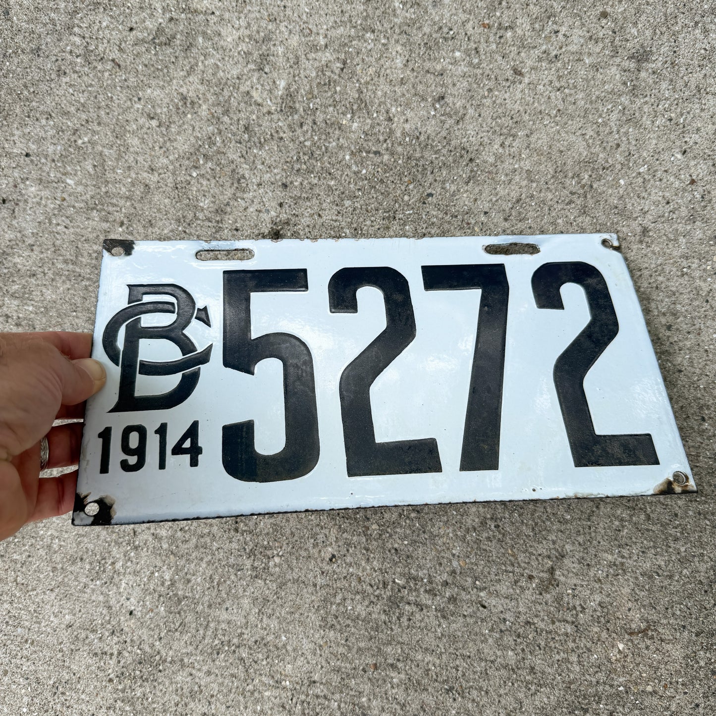 Photo of a 1914 British Columbia Porcelain License Plate Auto Tag Garage Decor Vintage High Quality 5272 with original patina
