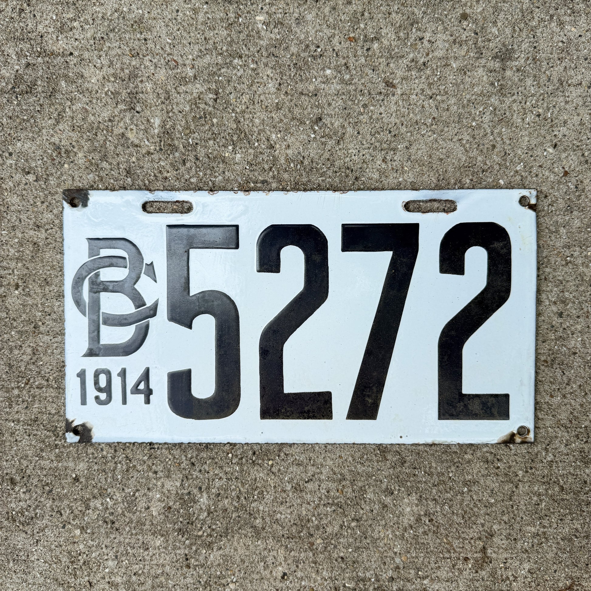 Photo of a 1914 British Columbia Porcelain License Plate Auto Tag Garage Decor Vintage High Quality 5272 with original patina
