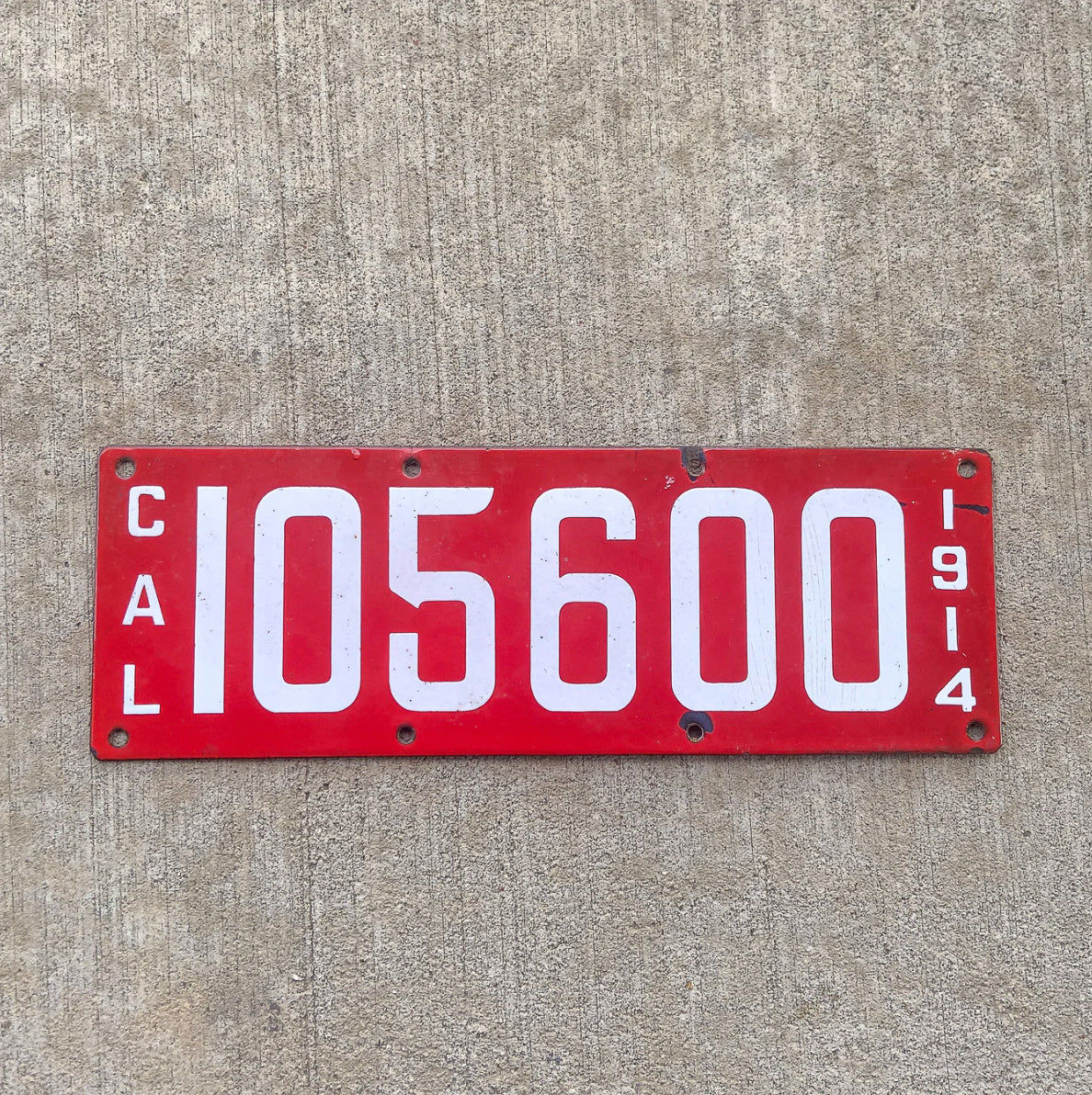Photo of a 1914 California License Plate Auto Tag Garage Decor Vintage Nice Quality 105600 with original patina