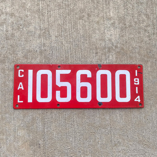 Photo of a 1914 California License Plate Auto Tag Garage Decor Vintage Nice Quality 105600 with original patina