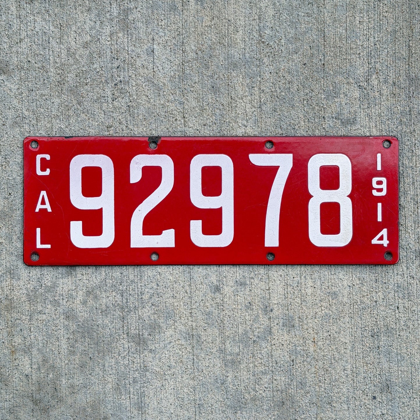Photo of a 1914 California Porcelain License Plate Auto Tag Garage Decor Vintage High Quality 92978 with original patina