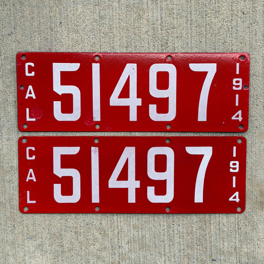 Photo of a 1914 California Porcelain License Plate Pair Auto Tag Garage Decor Vintage First Issue 51497 with original patina