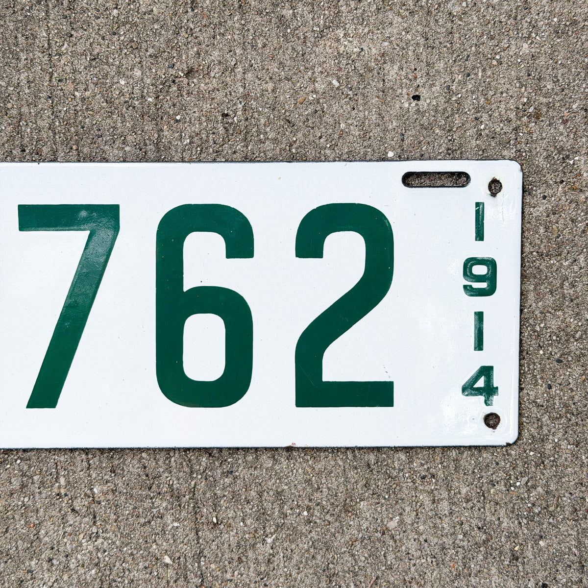 Photo of a 1914 Connecticut Porcelain Commercial License Plate Auto Tag Garage Decor Vintage High Quality Four Digit 1762 with original patina