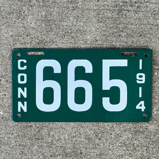 Photo of a 1914 Connecticut Porcelain License Plate Auto Tag Garage Decor Vintage High Quality Low Number Three Digit 665 with original patina