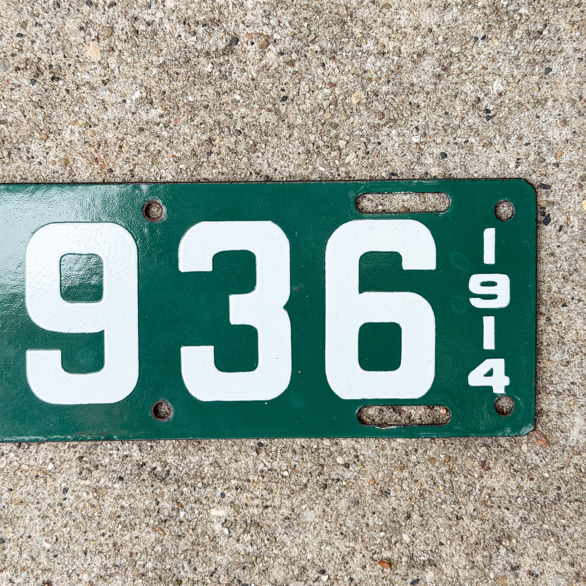 Photo of a 1914 Connecticut Porcelain Motorcycle License Plate Auto Tag Garage Decor Vintage High Quality Four Digit 2936 with original patina