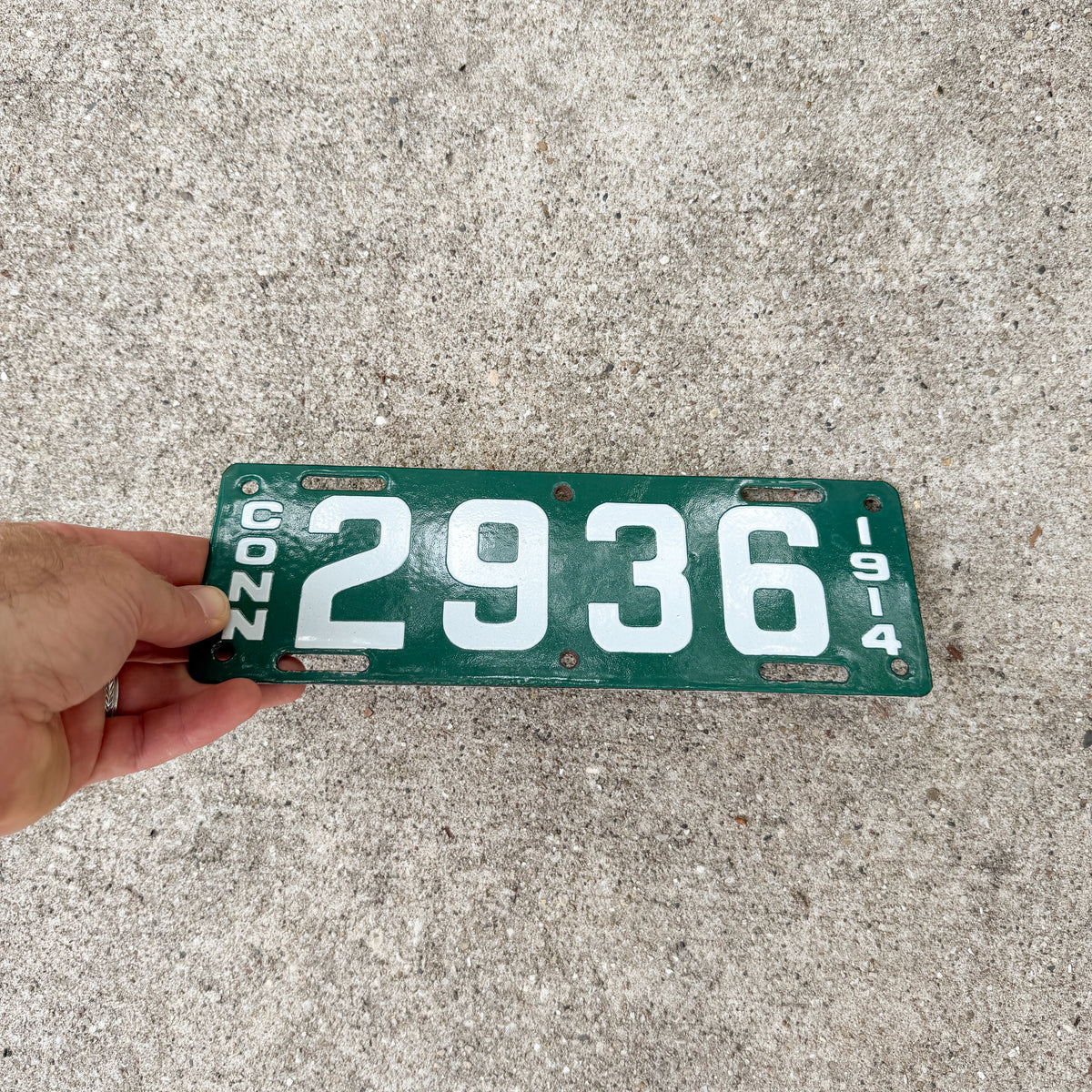 Photo of a 1914 Connecticut Porcelain Motorcycle License Plate Auto Tag Garage Decor Vintage High Quality Four Digit 2936 with original patina