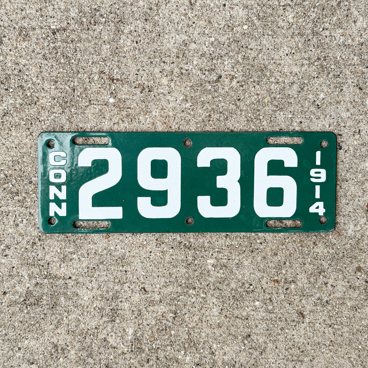 Photo of a 1914 Connecticut Porcelain Motorcycle License Plate Auto Tag Garage Decor Vintage High Quality Four Digit 2936 with original patina