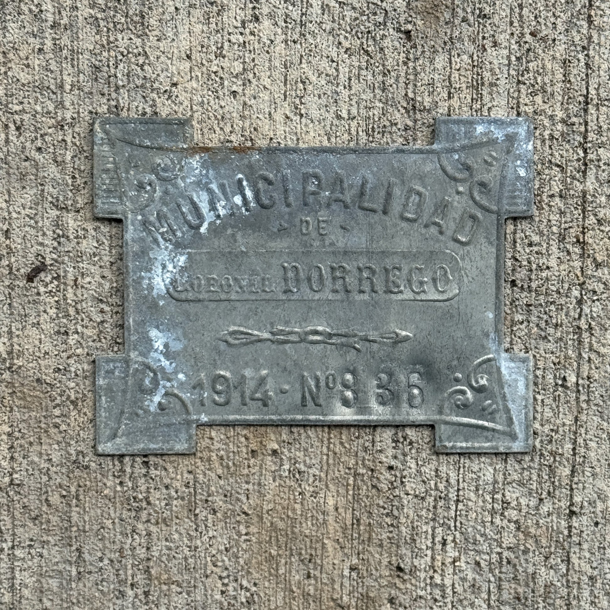 Photo of a 1914 Coronel Dorrego Argentina Auto Tag Garage Decor Vintage Badge 836 with original patina