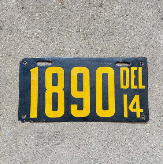 Photo of a 1914 Delaware Porcelain License Plate Auto Tag Garage Decor Vintage High Quality 1890 with original patina