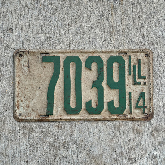 Photo of a 1914 Illinois License Plate Auto Tag Garage Decor Vintage 7039 with original patina