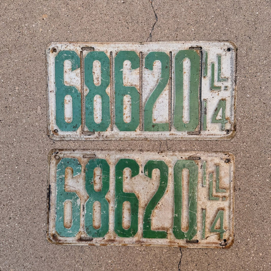 Photo of a 1914 Illinois License Plate Pair Auto Tag Garage Decor Vintage 68620 with original patina