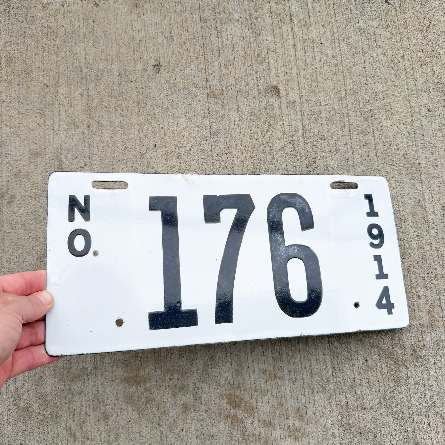Photo of a 1914 Louisiana Porcelain License Plate Auto Tag Garage Decor Vintage High Quality 176 with original patina