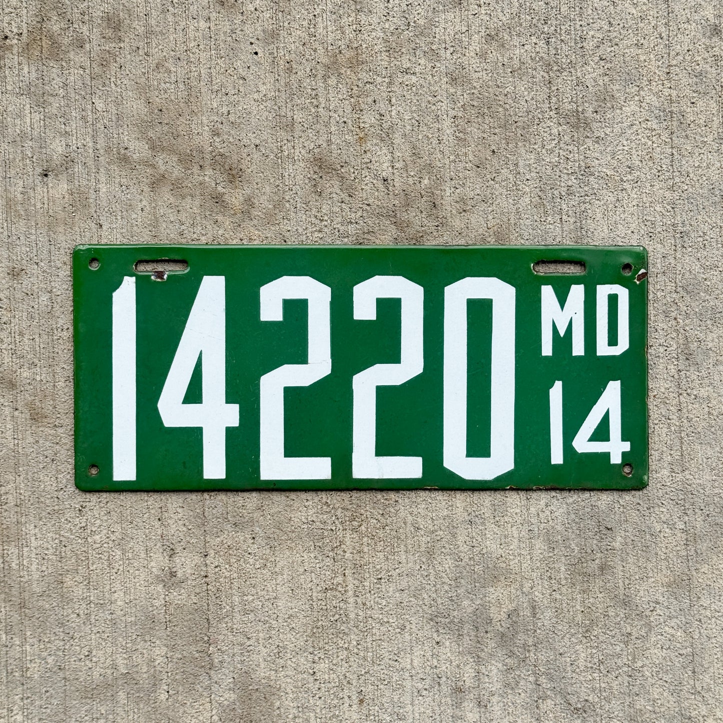 Photo of a 1914 Maryland Porcelain License Plate Auto Tag Garage Decor Vintage High Quality 14220 with original patina