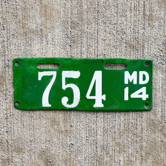 Photo of a 1914 Maryland Porcelain Motorcycle License Plate Auto Tag Garage Decor Vintage Low Number Three Digit Type 1 754 with original patina