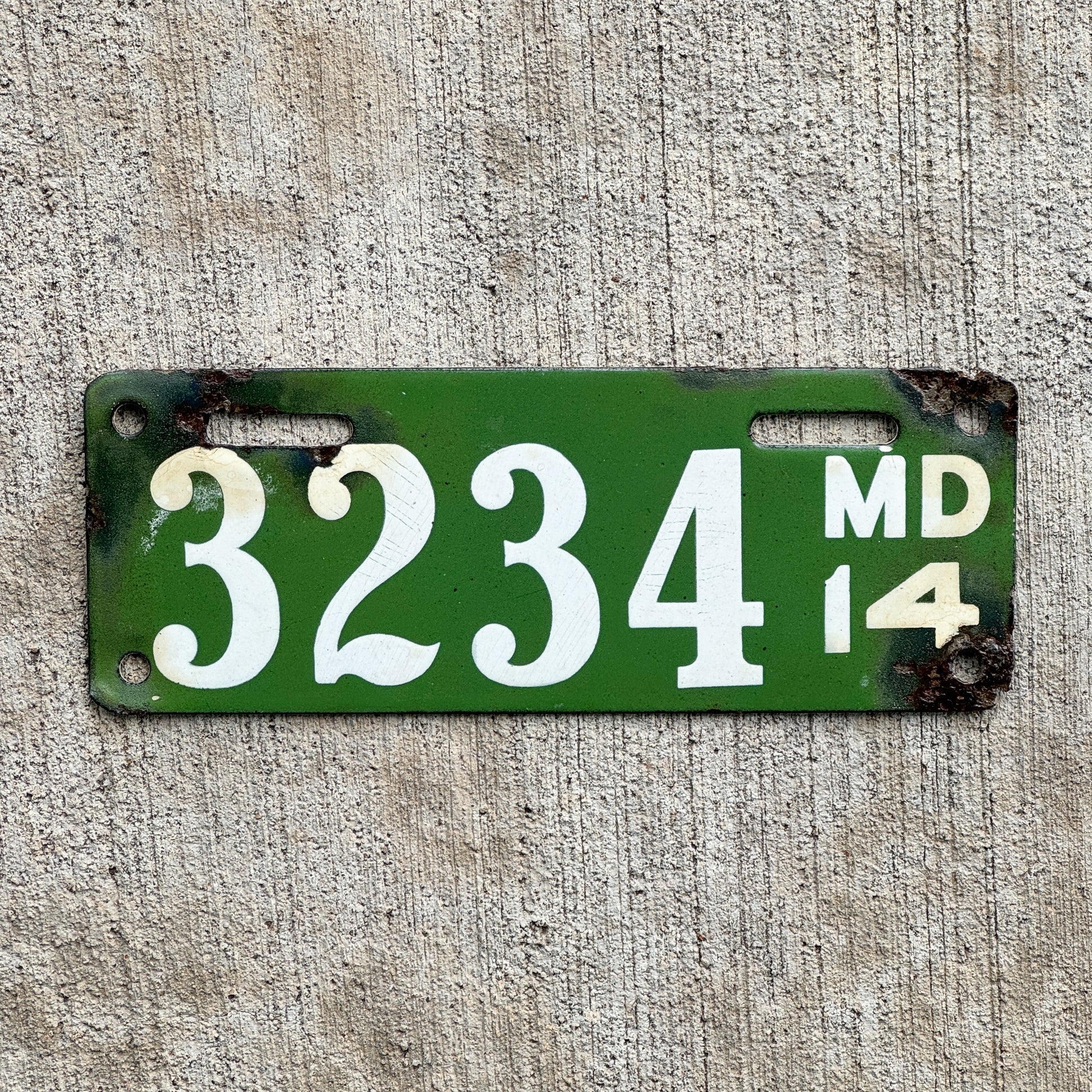 Photo of a 1914 Maryland Porcelain Motorcycle License Plate Auto Tag Garage Decor Vintage Type 2 3234 with original patina