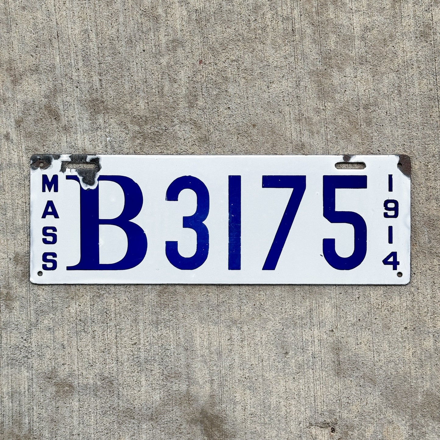 Photo of a 1914 Massachusetts Porcelain Commercial License Plate Auto Tag Garage Decor Vintage B 3175 with original patina