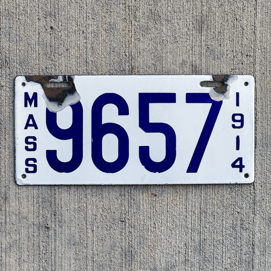 Photo of a 1914 Massachusetts Porcelain License Plate Auto Tag 2 Vintage Garage Low Number Four Digit 9657 with original patina