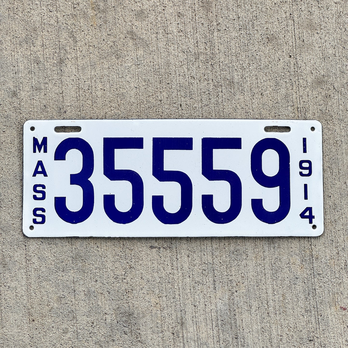 Photo of a 1914 Massachusetts Porcelain License Plate Auto Tag Garage Decor Vintage High Quality 35559 with original patina