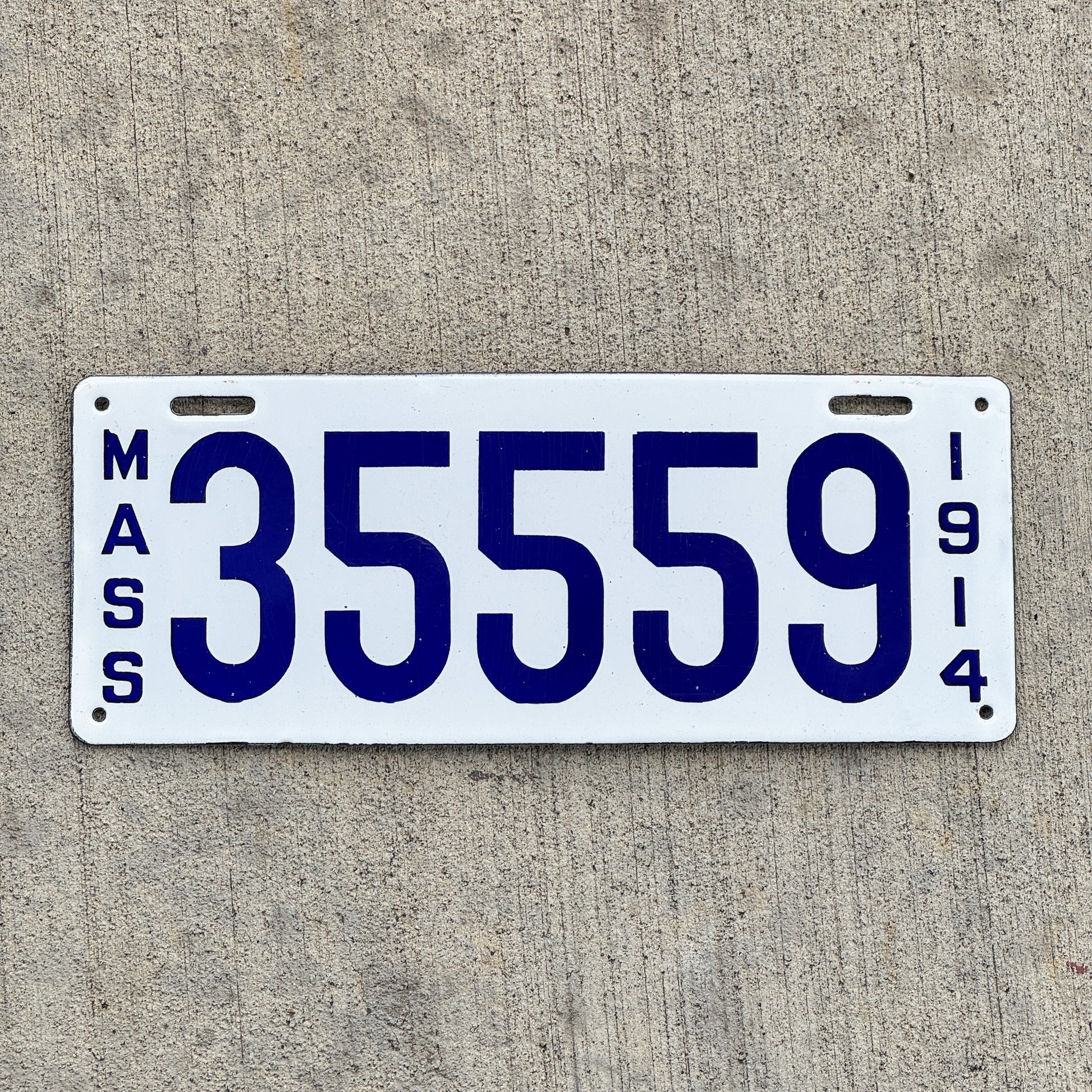 Photo of a 1914 Massachusetts Porcelain License Plate Auto Tag Garage Decor Vintage High Quality 35559 with original patina