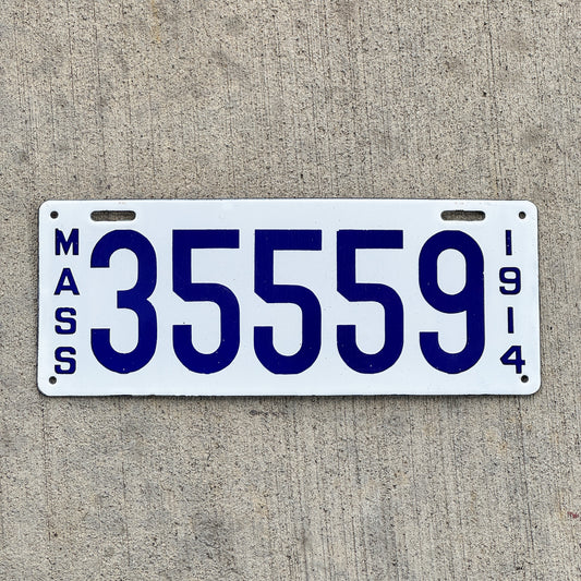 Photo of a 1914 Massachusetts Porcelain License Plate Auto Tag Garage Decor Vintage High Quality 35559 with original patina